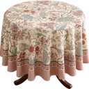 Patdrea Designer Italian Floral Linen Tablecloth for Round Tables, French Farmhouse Table Cloth with Birds Pattern, Provencal Decoration Table Cover for Kitchen Dining, Christmas, Diameter 55"