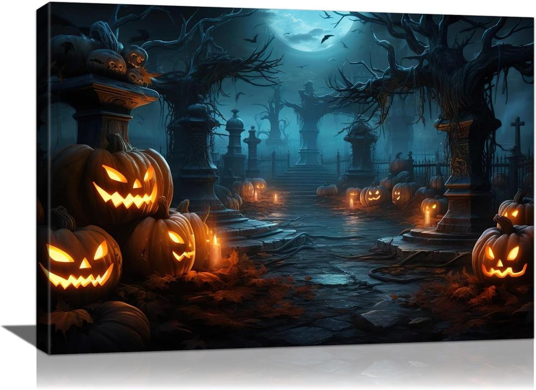 vandlife Halloween Home Decoration Dark Blue Spooky Tomb Canvas Wall Art Smiling Creepy Pumpkin Lantern Framed Poster Decor for Living Room Bedroom 24x16in