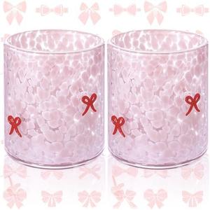 Ovveroche 2 Pcs Pink Bow Icon Juice Glass 14 oz Bow Reusable Stemless Icon Drinking Glasses Cups for Birthday Wedding Party Supplies Gift