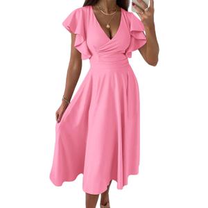 PRETTYGARDEN Summer Midi Dress 2025 Elegant Classy Ruffle Sleeve V Neck Cocktail Wedding Guest Spring Fit and Flared Dresses (Medium, Pink)