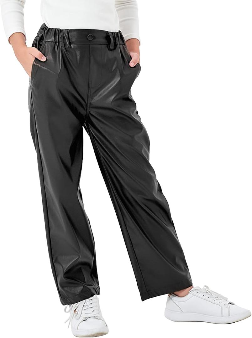 Rolanko Girls Faux Leather Pants Straight Wide Leg Streetwear Trousers for Kids Pants High Waist (Matte Black, 8-10)