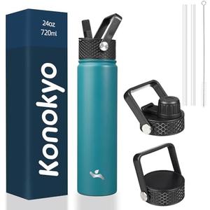 Konokyo Insulated Water Bottle 24oz Stainless Steel Sport Bottles with 3 Lids,Light Blue