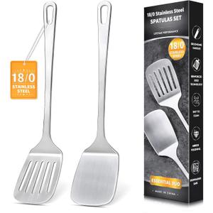 2 Pcs Stainless Steel Spatulas Set, Metal Spatula Solid & Slotted Turner, Heavy Duty Sturdy Spatula for Kitchen Use, High Heat Resistant Cooking Utensils for Fish Eggs Pancakes, Easy to Clean, Silver