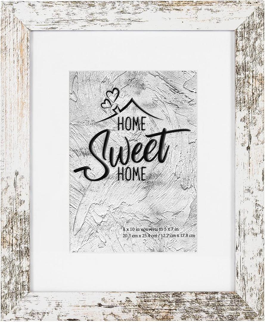 Califortree Rustic White 8x10 Picture Frame - Display Photos 5x7 with Mat or 8x10 Without Mat - HD Glass Inside, Horizontal and Vertical Display Frames for Wall and Tabletop - 1 Pack