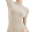 REORIA Women's Turtle Neck Long Sleeve Bodysuits Basic Slim Fit Double Lined Layering Tops for Fall & Winter (Beige, XS)