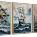 3pcs Vintage Nautical Canvas Wall Art Sailboat Rudder And Anchor Painting Pictures Nautical Coastal Posters Prints Wall Decor Antique Sailboat Nautical Artwork for Home Living Room Bedroom Unframed