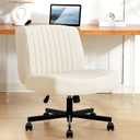 Criss Cross Chair with Wheels,Thick Padded Leather Cross Legged Office Desk Chair with Pocket Spring Cushion,Dual-Purpose Base,Wide Adjustable Computer Home Office Vanity Chair,Beige