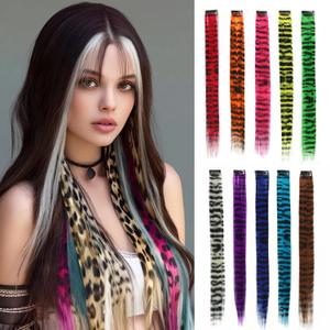 10pcs/pack Scene Hair Extensions Synthetic Clip in Leopard print Hair piece 18inch Long Straight Colorful striped Hairpieces Halloween Party Cosplay Y2K Use for Women Girls (Multicolor)