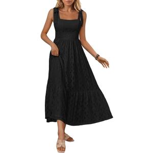 LILLUSORY Womens Maxi Summer Dresses Sun Sundress Flowy Lace Floral Beach Vacation Casual Smocked Bridal Shower Maternity Easter Spring Outfits Boho Long Ladies Clothes 2025 Fashion Black L