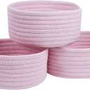 Small Storage Basket, Set of 3 Woven Baskets, Cotton Rope Small Baskets for Organizing, Cute Mini Tiny Round Basket, Bathroom Organization Bin (Pink)