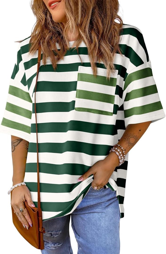 Womens Oversized Color Block Striped Tshirts Summer Casual Short Sleeve Tops Loose Fit Crew Neck Shirts XXL