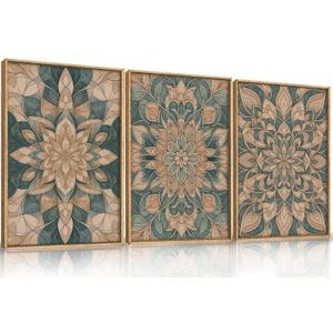 HLNIUC Mandala Boho Framed Canvas Wall Art, Vintage Green Abstract Flower Decor, Scandinavian Botanical Artwork Set of 3(16x24), Southwestern Mexican Bohemian Prints for Living Room, Bedroom, Office