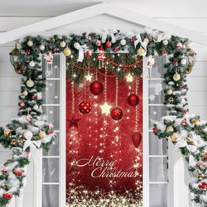 IMISHM Retro Christmas Door Cover - Front Door Decorations with Hanging Wall Balls for Holiday Decor