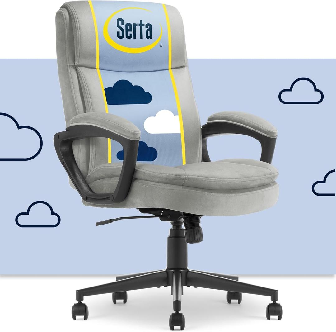Serta Comfort Ergo Executive Office Chair, Ergonomic Mid-Back Design with Lumbar Support, Semi-Plush Double-Layer Seat Cushion, Padded Armrests, Swivel Metal Base, Soft Velvet, Gray