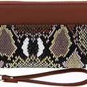 B BRENTANO Vegan Leather Slim Single-Zipper Wallet with Pocket, Wristlet and Tassel Accent (Multi Python Brown.)