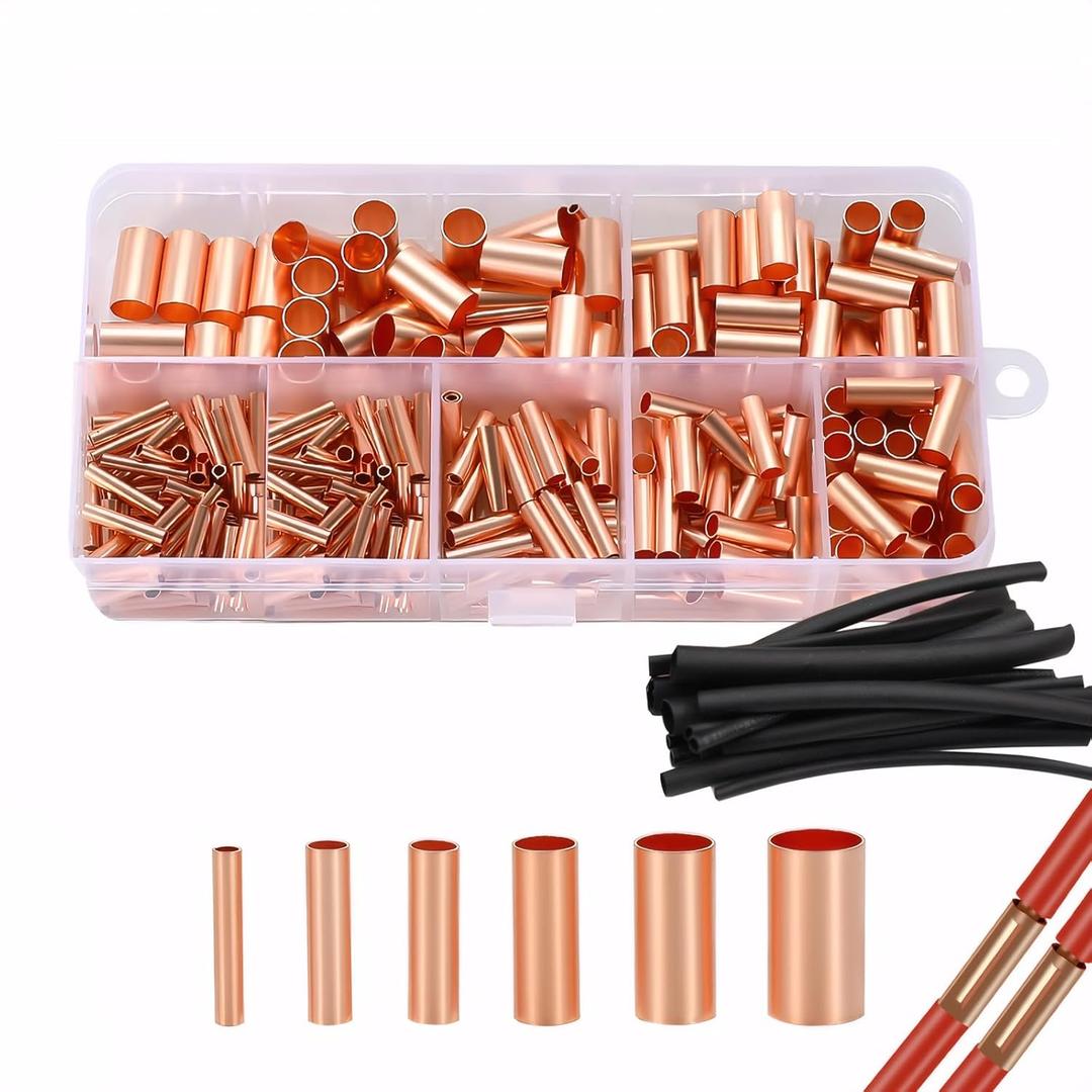 250pcs Wire Terminal connectors 7Size Electrical Butt Connector Copper Tube Connector Kits with Heat Shrink Tubing Wire Ferrules Kits