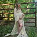 Saslax Soft Stretchy Lace Off Shoulder Doubly Split A-line Skirt Maternity Dress Pregnancy Maxi Gown for Photoshoot (Beige, L)