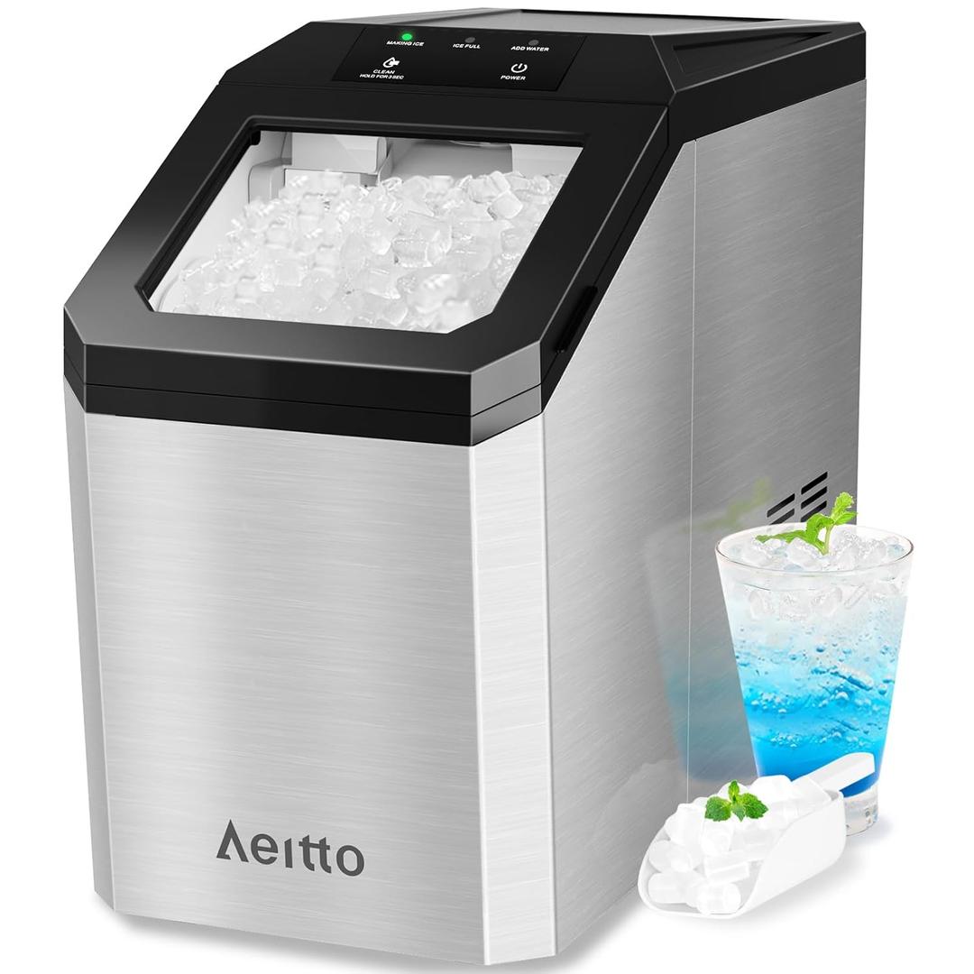 Aeitto Nugget Ice Maker Countertop, 55lbs/Day, Large Capacity Chewable Ice Maker, Rapid Ice Release in 5 Mins, Self-Cleaning with Stainless Steel Housing Ice Machine for Home Office and Party, Silver