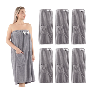 AUECOOME 6 Pcs Spa Robe Bath wrap Towels for Women Waffle Spa Wraps with Pocket Adjustable Closure Lightweight Towel Wraps for Bath Shower (Gray, Medium)