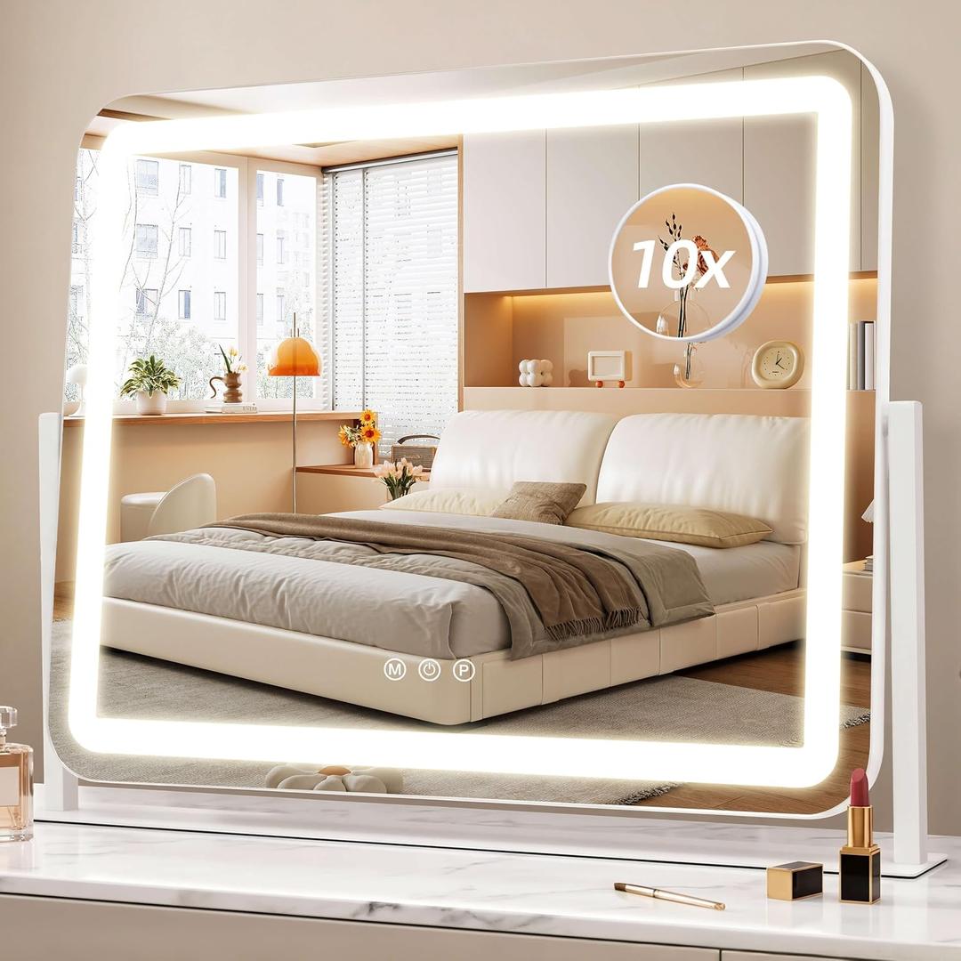 Vanity Mirror with Lights, 22"17" LED Makeup Mirror | Smart Touch Control, Dimmable 3-Color Modes, Memory Function, 10X Magnifying Mirror, for Desk, Bedroom, Dressing
