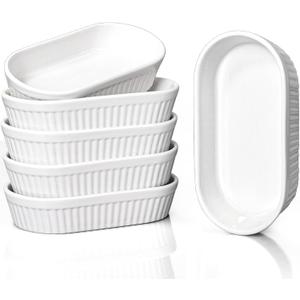 Delling 8 Oz Ramekins - Souffle Dishes Oven Safe, Oval Ramekins for Baking Crme Brulee, Porcelain Dessert Bowls, Set of 6, White