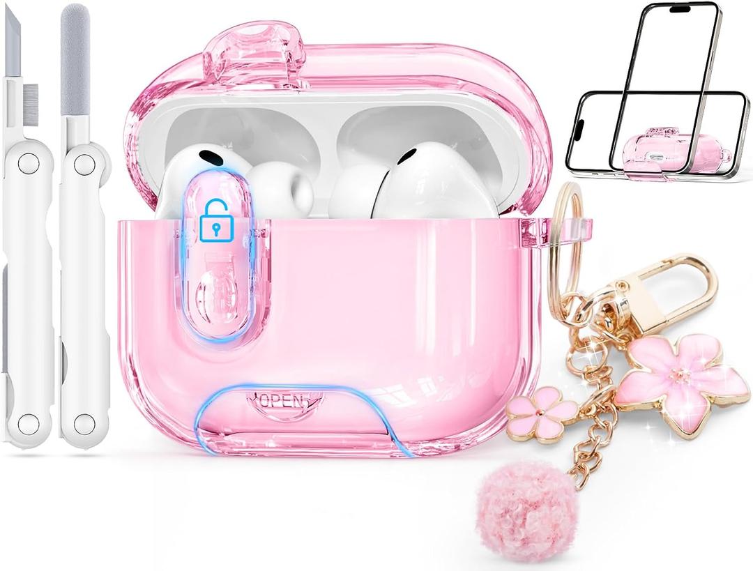 Clear Case for AirPods Pro 3 Case Cover with Safety Lock,Soft TPU Cover with Phone Stand & Cleaning Kit,Cute Bling Keychain for Women Girls-Clear Pink