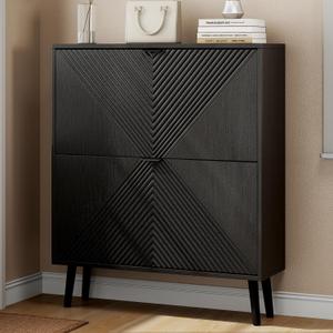 Oakvivo Shoe Cabinet Storage, Farmhouse Freestanding Organizer with 2 Flip Drawers and 4 Wooden feet, Narrow Shoe Rack Cabinet for Entryway, Foyer, Hallway, Black