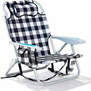 Portable Beach Chair for Adults, Outdoor Camping Chair Lay Flat Folding Backpack Beach Reclining Chair with 5 Positions, Headrest, Cup Holder, Heavy Plaid, 20 inches x 20 inches x 30 inches