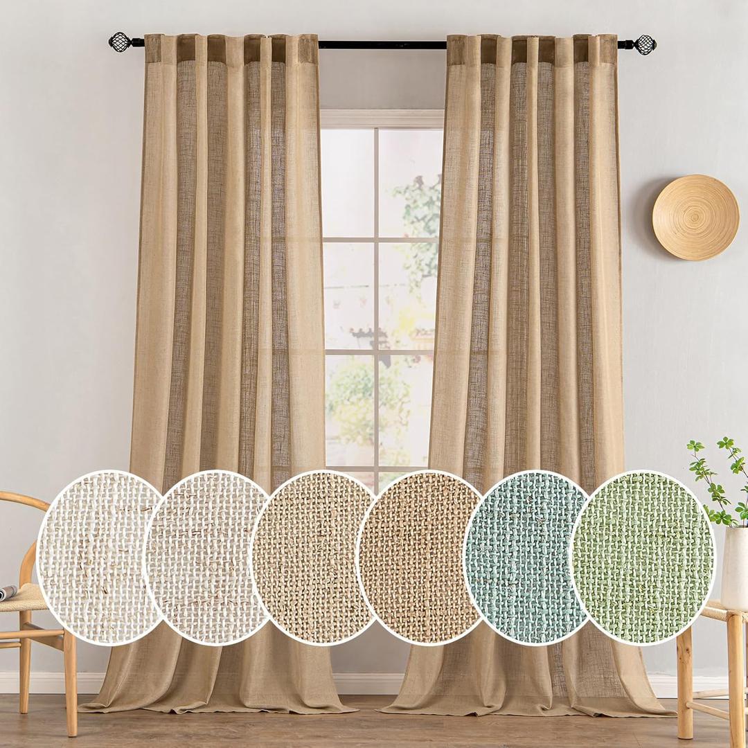 MIULEE Brown Linen Curtains 108 Inches Long for Bedroom Living Room, Soft Thick Linen Textured Window Drapes Semi Sheer Light Filtering Back Tab Rod Pocket Burlap Look Country Decor, 2 Panels