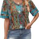 XIEERDUO Womens Summer Tops Dressy Casual Blouses for Women V Neck Short Sleeve Shirts Fashion Clothes Curved Hem Flowy (Blue, XXXL)