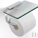 Toilet Paper Holder Bathroom Paper Toilet Roll Holder Hanger,Toilet Paper Holder with Shelf, Glassed Steel Frosted Silvery Lavatory Tissue Holder with Mobile Phone Storage Rack (Silvery)