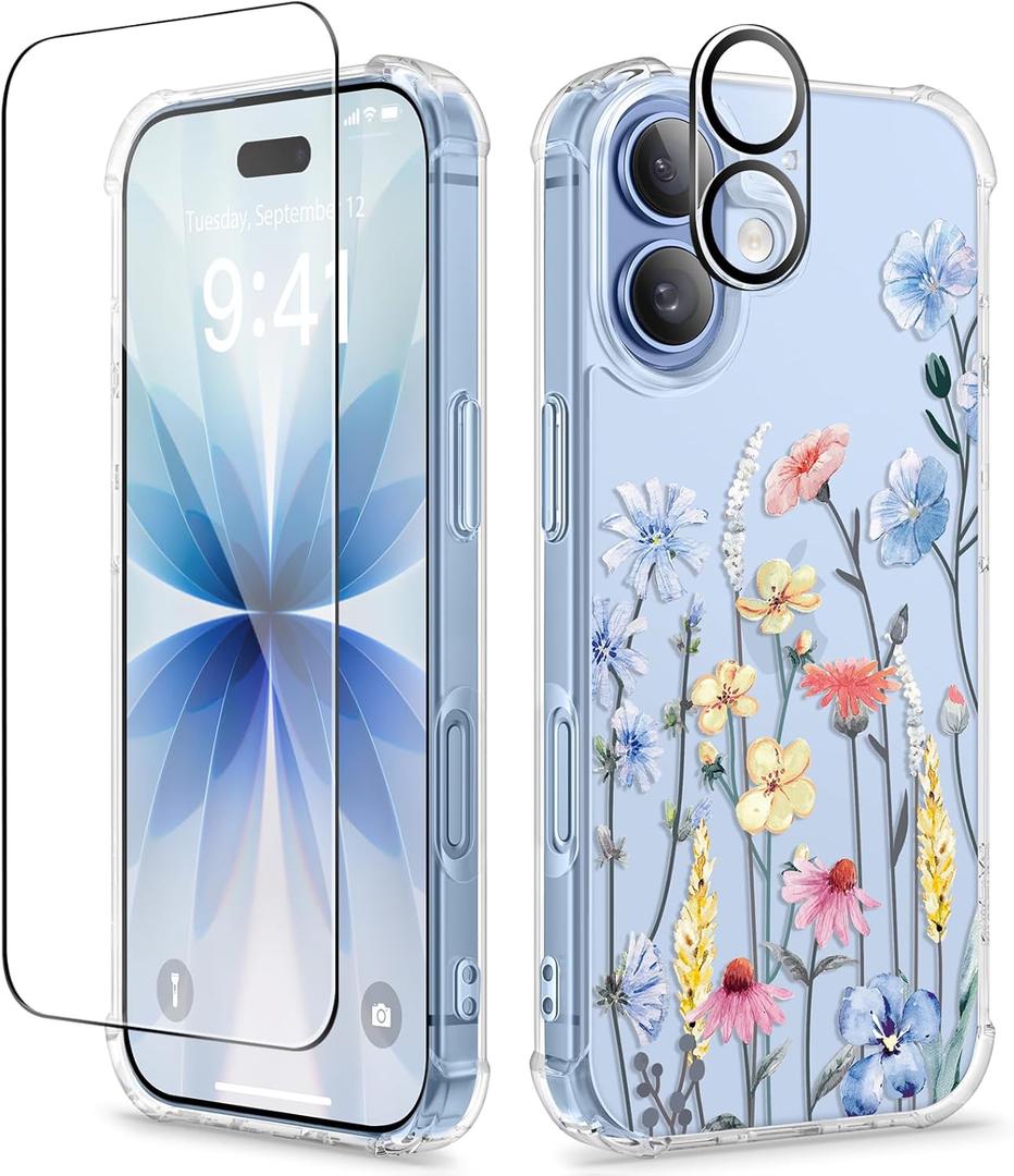 GVIEWIN for iPhone 17 Case, with Screen Protector+Camera Lens Protector, [NonYellowing] Clear Floral Slim Shockproof Protective Hard PC Back Women Phone Case for iPhone 17 6.3", Aconite/Light Blue