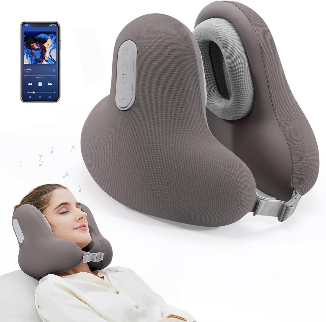 Travel Neck Pillow with Bluetooth Headset, Memory Foam Airplane Pillow for Head Support, Ergonomic Design Traveling Music Pillow for Home, Flight, Car with Adjustable Buckle and Drawstring Bag(Grey) (Grey)