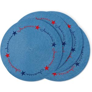 Whaline 4Pcs Round Patriotic Placemats Stars Embroidered Place Mats 4th of July Dinner Table Mats for Independence Day 250th Anniversary Home Birthday Party Decor
