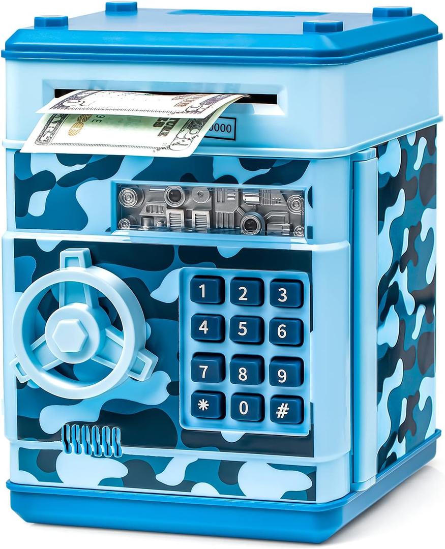 ATM Piggy Bank for Boys Girls, Vcertcpl Mini ATM Coin Bank Money Saving Box with Password, Kids Safe Money Jar for Adults with Auto Grab Bill Slot, Great Gift Toy Bank for Kids (Camouflage Light Blue)