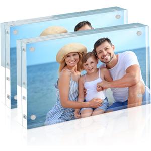 HOUSE DAY Acrylic Picture Frames 3.5x5, 2 Pack Magnetic 3.5 x 5 Picture Frame, Double Sided Clear 3.5x 5 Photo Frame with Microfiber Cloth, Frameless FreeStanding 3.5x5 Frame Gift for Desktop Display
