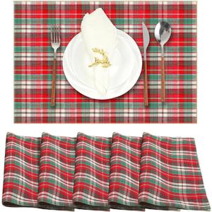 FoldTier Set of 6 Double-Layer Christmas Placemats Red and Green Buffalo Plaid 13x19 Inch Christmas Checkered Tartan Placemats Washable Holiday Table Mat Set for Dining Parties New Year Winter Table