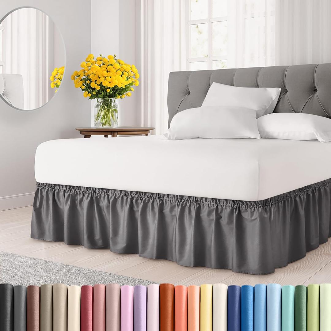 Wrap Around Dust Ruffle Bed Skirt - Dark Grey - for Queen Size Beds with 21 Inch Drop - Elastic Strap - Adjustable Pleated Bedskirt with Brushed Fabric and Wrinkle Free - for Women, Men, Kids & Teens (05 - Dark Grey)