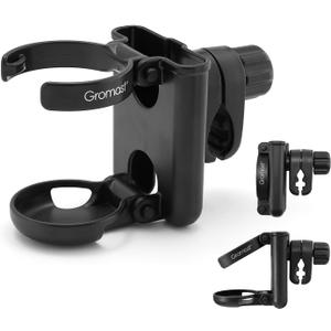 Gromast 2 in 1 Foldable Stroller Cup Holder + Phone Holder, 360Rotatable with Adjustable Clip, Universal Cup Holder for Stroller, Wheelchair, Bike, Walker, Scooter, Tricycle - Black