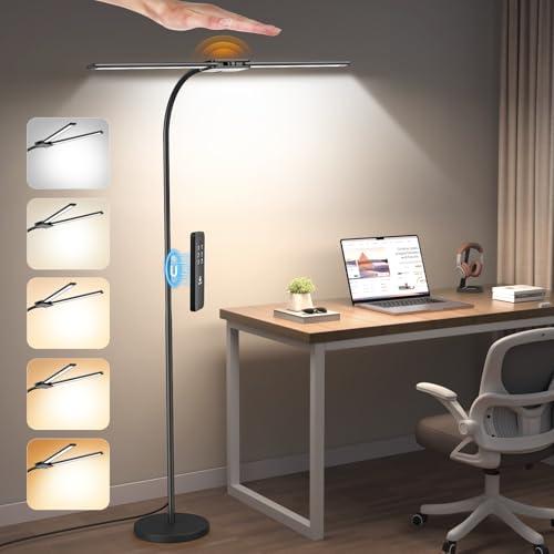 Syrinx LED Floor Lamp, Dual Head Gooseneck Floor Lamps for Living Room with Gesture Switch & Remote Control, 14W Bright Tall Standing Lamp Modern Eye-Caring Reading Floor Lamp for Bedroom Office