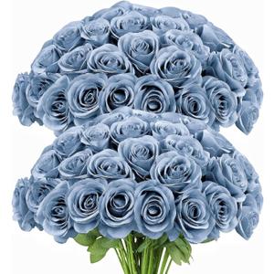 LVEFIT Artificial Rose Flower Artificial Flowers Flower with Long Stem Silk Roses Bouquet for Wedding Bridal Shower Party Home Decoration (Dusty Blue, 50 Pcs)