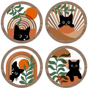 4PCs 3D Boho Cat Hanging Wooden Wall Art Wall Decor, Botanical Wall Decor Bohemian Decor, Cat Lover Gifts, Wooden Sign Wood Art Wood Plaque Home Decor for Living Room Bedroom Farmhouse Office