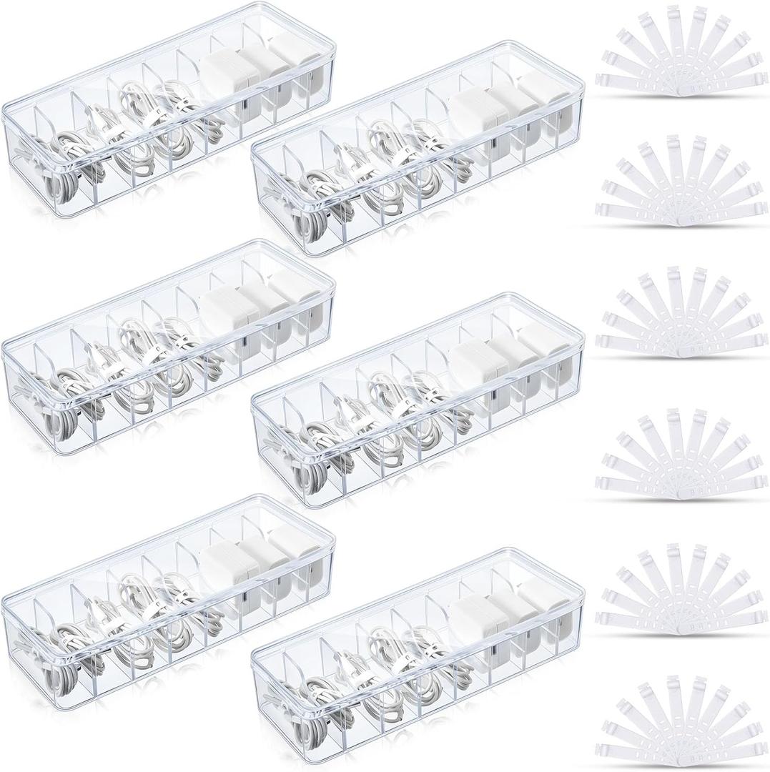 Tatuo 6 Pcs Cable Organizer Box with Wire Ties, Plastic Cord Storage Box with Lid, Electronics Organizer for Home Office Desk Organizers and Accessories (Clear)