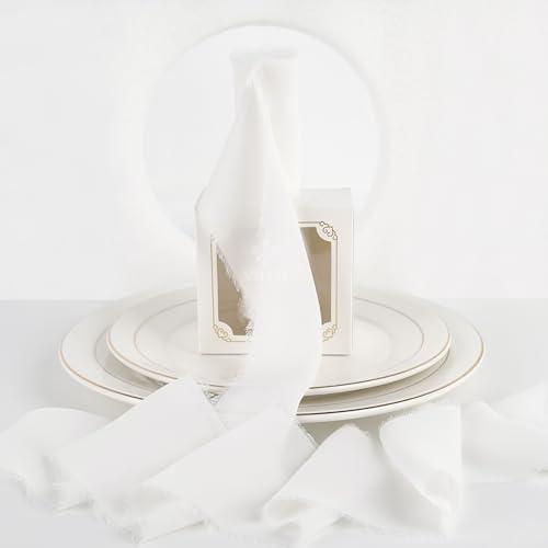 MEEDEE White Chiffon Ribbon 3 Inch White Fringe Ribbons Chiffon Silk Frayed Edge Ribbon Wide Chiffon Ribbons for Crafts, Flower Bouquet, Wedding Favors Wrapping (2 Rolls 10 Yards)
