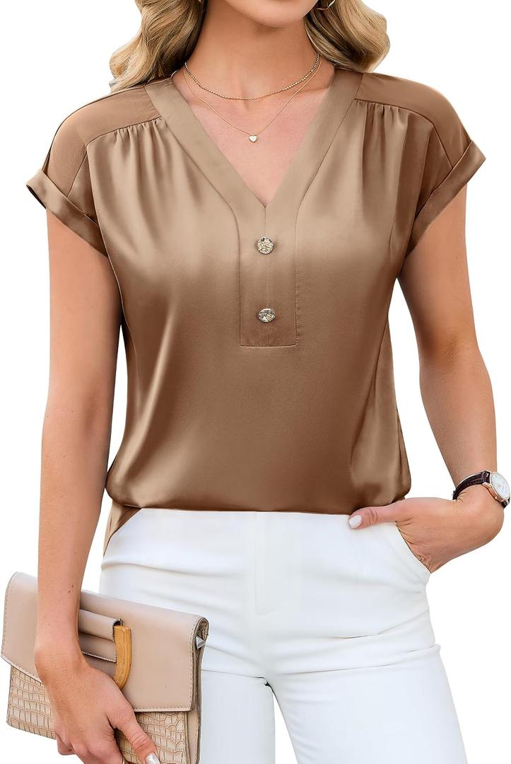 Blooming Jelly Womens Satin Silk Tops Pleated Dressy Casual Blouse V Neck Business Outfit Short Sleeves Summer Top (S)