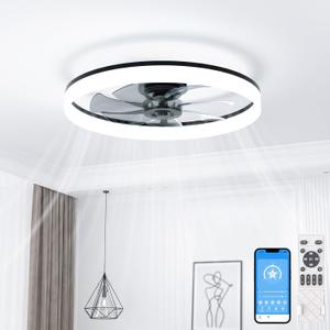 VOLISUN Low Profile Ceiling Fans with Lights and Remote, 24in Fandelier Ceiling Fan with Light, 3000K-6500K Dimmable Bladeless LED Fan Light, Black Flush Mount Ceiling Fans with Lights for Bedroom