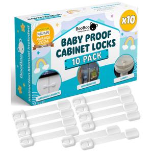 Booboo (10 Pack) Premium Cabinet Locks Baby Proofing, Child Proof Cabinet Locks, Cupboard Locks for Children with 3M Adhesive + 4 Extra Stickers