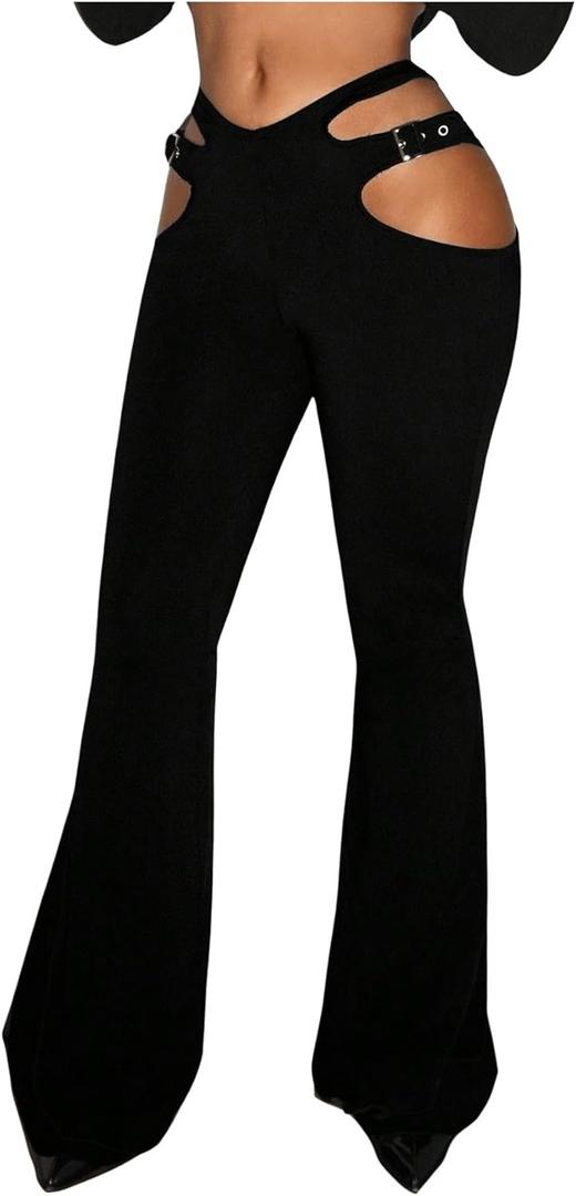 SHENHE Women's Low Waist Bootcut Flare Leg Pants Cut Out Y2K Trousers Night Out Pants Black X-Small