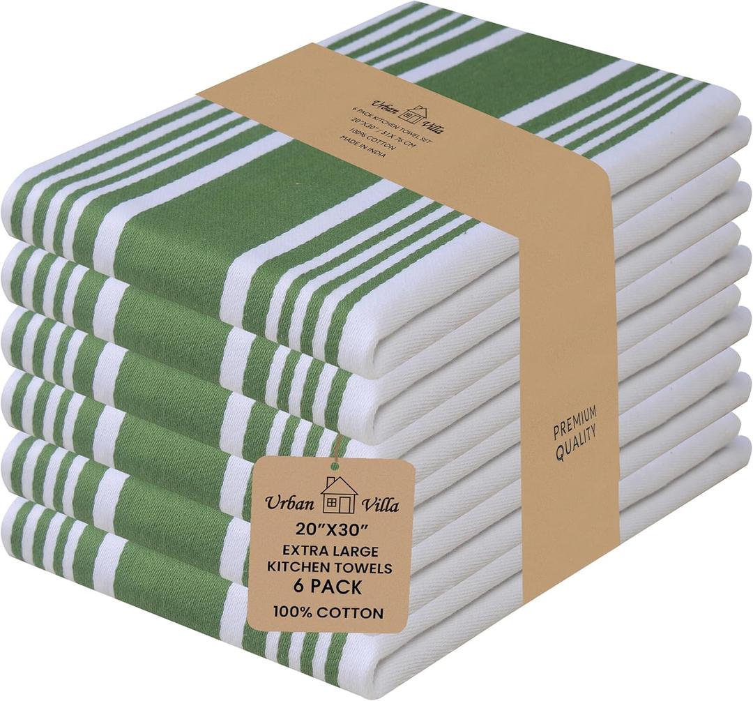 Urban Villa Kitchen Towels (20x30 Inches 6 Pack) Extra Large Premium Dish Towels for Kitchen Green & White Dish Cloths Highly Absorbent 100% Cotton Kitchen Hand Towels with Hanging Loop Tea Towels