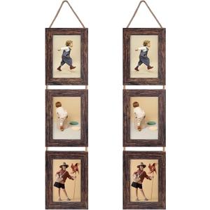 Lavezee Wall Hanging 4x6 Picture Frames Set of 2, Vertical Collage Distressed Brown Triple Frame Made to Display 4 by 6 inch Photo for Wall Decor